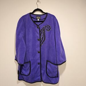 Bob Mackie Paisley Embroidered Detail Fleece Jacket Plus 2X Purple Wearable Art